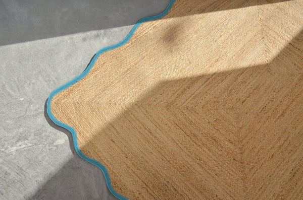 Handmade Scalloped Jute Rug with Light Blue Border Handwoven Wavy Natural Jute Area Rug