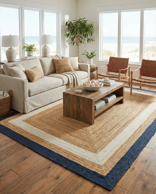 Handwoven natural jute area rug with ivory and navy blue borders styled in a bright coastal living room with a cream sofa and wooden furniture