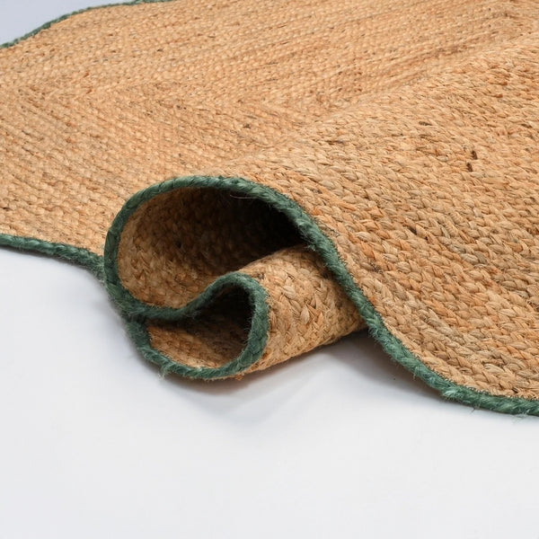 Handcrafted Scalloped Jute Area Rug with Forest Green Trim Natural Braided