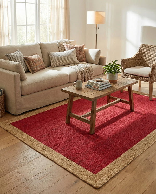A rectangular handwoven natural jute rug featuring a bold crimson red woven center framed by a thick, natural beige braided border, laid on a hardwood floor under a rustic coffee table and sofa.