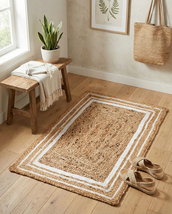 Natural woven jute rug with a navy blue double-border design, styled on a rustic wooden floor beside a wooden bench, striped throw blanket, and green potted fern.