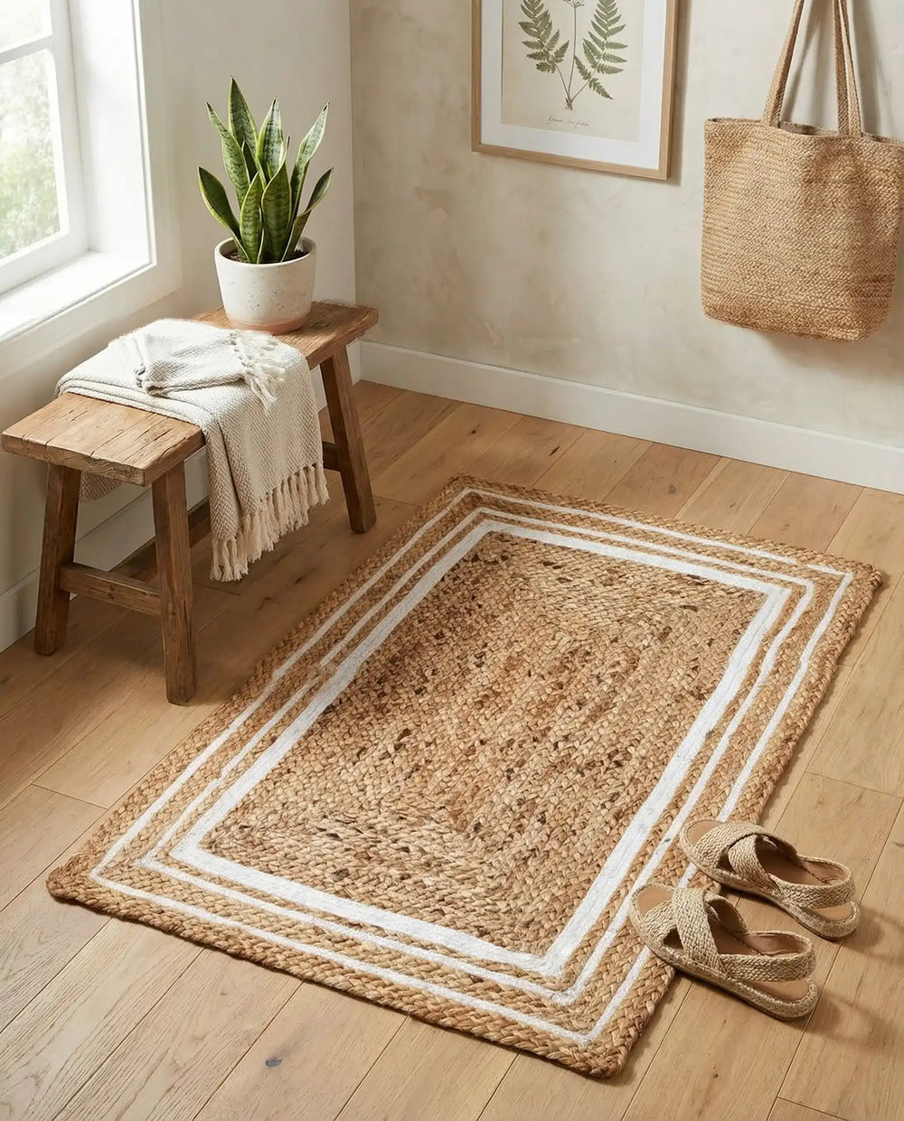 Natural jute area rug with white geometric border and braided texture styled in a warm farmhouse entryway with wooden flooring