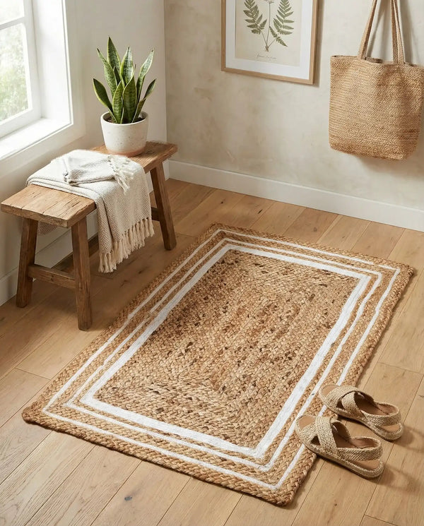 Natural jute area rug with white geometric border and braided texture styled in a warm farmhouse entryway with wooden flooring