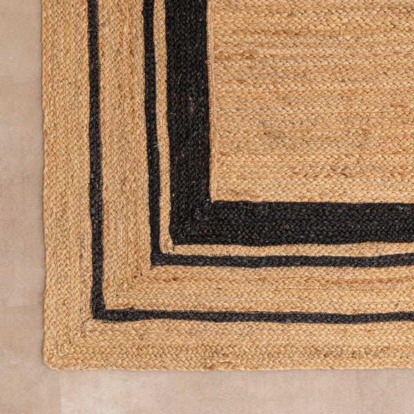 Black and natural jute area rug handmade for living room