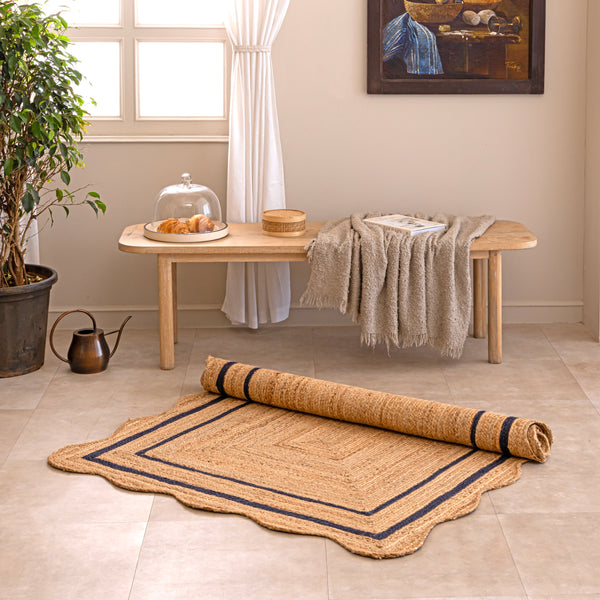 Handmade Scalloped Jute Rug with Navy Blue Border Natural Braided Jute Area Rug
