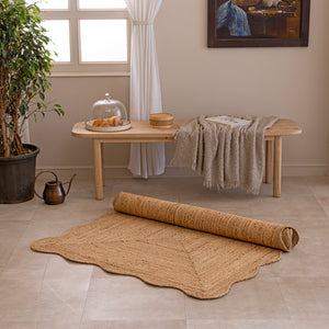 Handwoven Natural Jute Area Rug Scalloped Edge Jute Rug Handmade Boho Farmhouse Rug