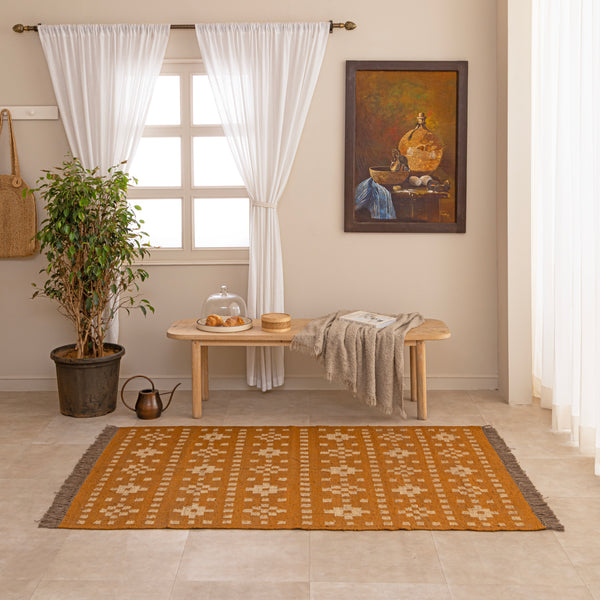 Mustard Yellow Boho Area Rug  with Ivory Floral Pattern  Vintage Inspired Woven Rug