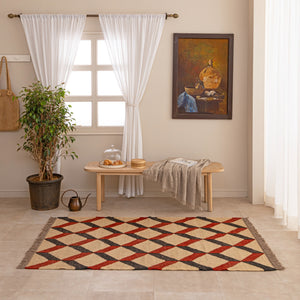 Handwoven Geometric Jute Rug Red Black & Natural Area Rug Boho Tribal Carpet Modern Farmhoue
