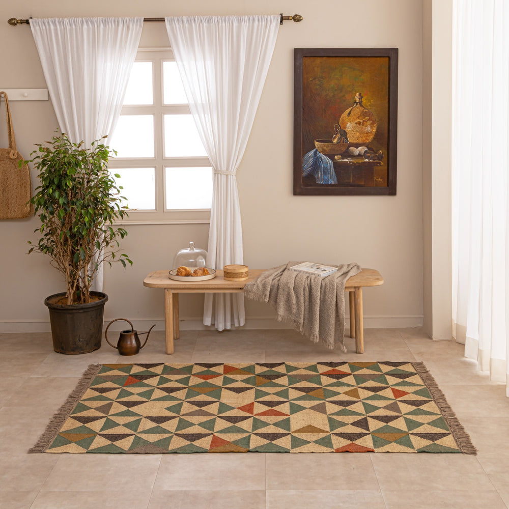 Geometric Multicolor Woven Area Rug - Bohemian Tribal Pattern Rug for Living Room & Bedroom