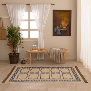 Handwoven Bohemian Geometric Jute Rug - Neutral Beige & Indigo Blue Area with Fringe