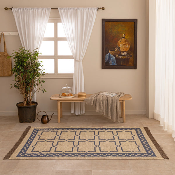 Handwoven Bohemian Geometric Jute Rug - Neutral Beige & Indigo Blue Area with Fringe