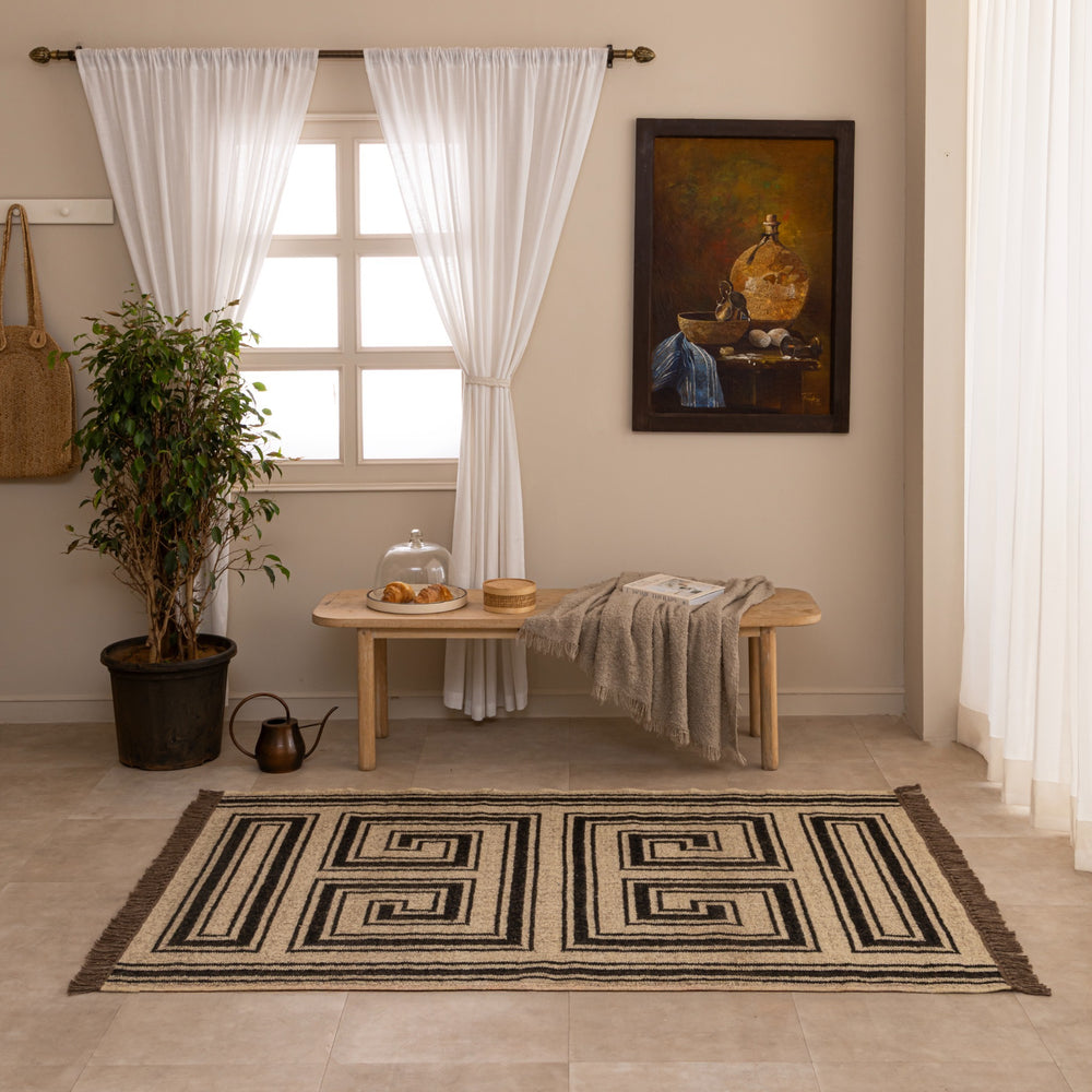 Black and Cream Geometric Jute Rug Handmade Boho Area Rug Neutral Farmhouse Living Room Rug
