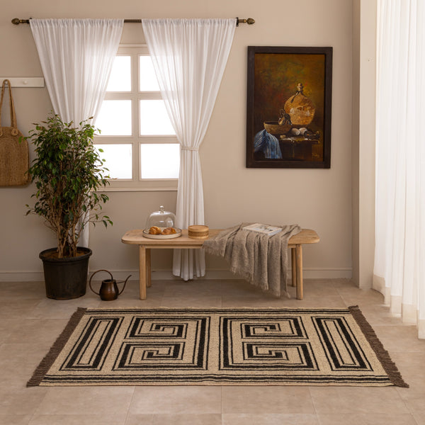 Black and Cream Geometric Jute Rug Handmade Boho Area Rug Neutral Farmhouse Living Room Rug