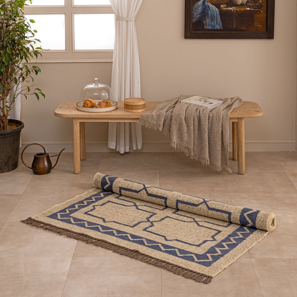 Handwoven Bohemian Geometric Jute Rug - Neutral Beige & Indigo Blue Area with Fringe