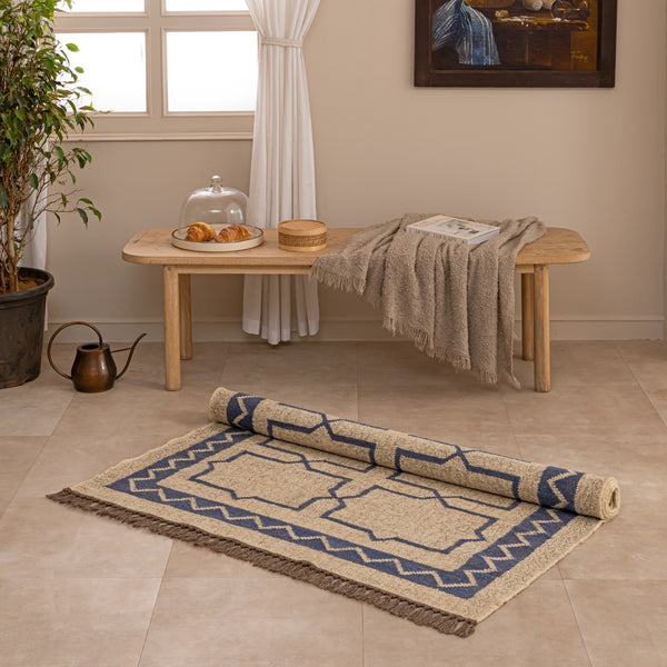 Handwoven Bohemian Geometric Jute Rug - Neutral Beige & Indigo Blue Area with Fringe