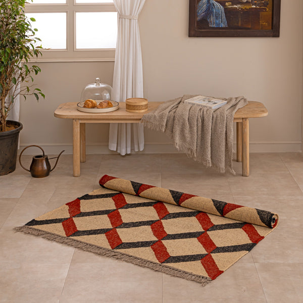 Handwoven Geometric Jute Rug Red Black & Natural Area Rug Boho Tribal Carpet Modern Farmhoue