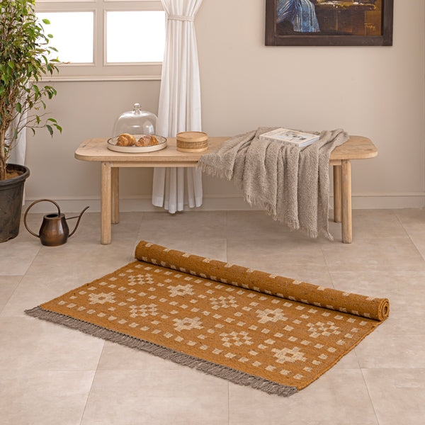 Mustard Yellow Boho Area Rug  with Ivory Floral Pattern  Vintage Inspired Woven Rug