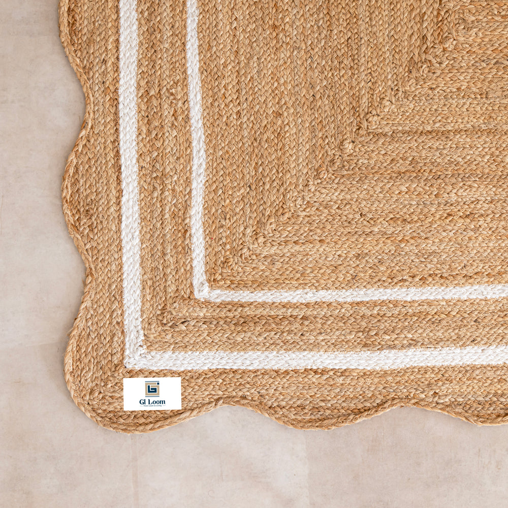 Handmade Natural Jute Rug with White Border Boho Scalloped Area Rug