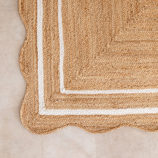 Handmade Natural Jute Rug with White Border Boho Scalloped Area Rug