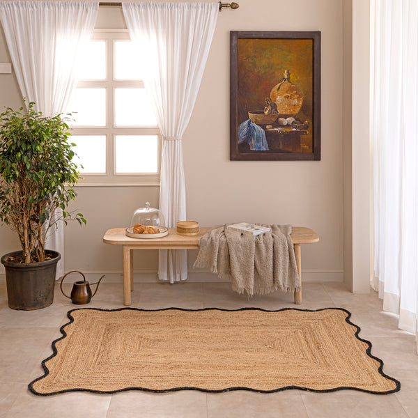 Handmade Scalloped Jute Rug with Black Border Natural Braided Jute Area Rug