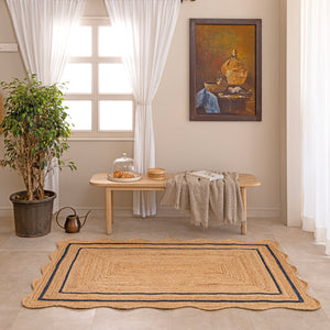 Handmade Scalloped Jute Rug with Navy Blue Border Natural Braided Jute Area Rug