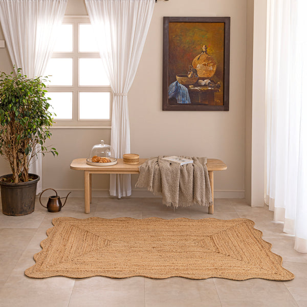 Handwoven Natural Jute Area Rug Scalloped Edge Jute Rug Handmade Boho Farmhouse Rug