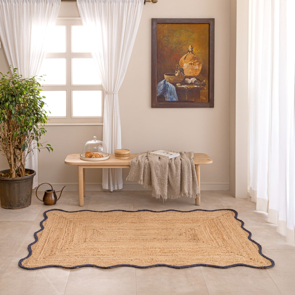 Handwoven Jute Area Rug with navy Blue Border Natural Jute Rug