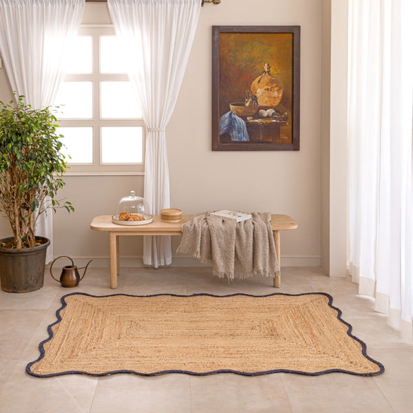 Handwoven Jute Area Rug with navy Blue Border Natural Jute Rug