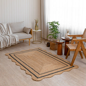 Handwoven Jute Rug with White Scalloped Border