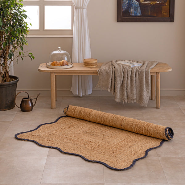 Handwoven Jute Area Rug with navy Blue Border Natural Jute Rug