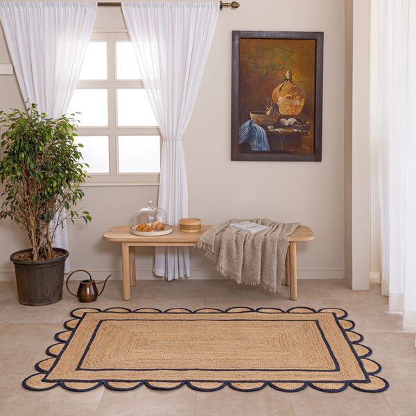 Handmade Jute Rug with Navy Blue Border & Scalloped Edge Natural Braided Area Rug