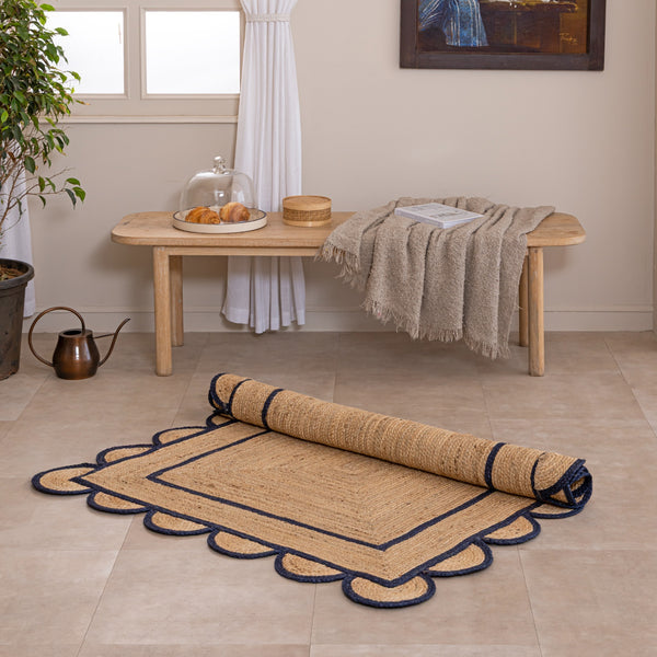 Handmade Jute Rug with Navy Blue Border & Scalloped Edge Natural Braided Area Rug