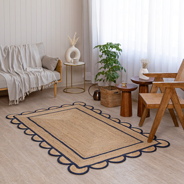 Handwoven Jute Runner Rug with White Scalloped Border – Boho Kitchen & Hallway