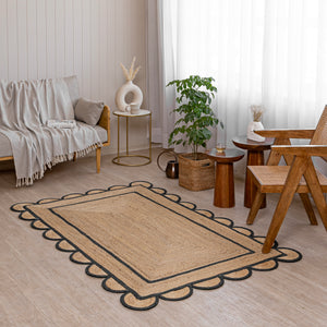 Handwoven Jute Runner Rug with White Scalloped Border – Boho Kitchen & Hallway