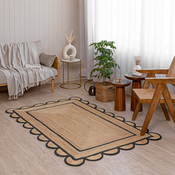 Handwoven Jute Runner Rug with White Scalloped Border – Boho Kitchen & Hallway