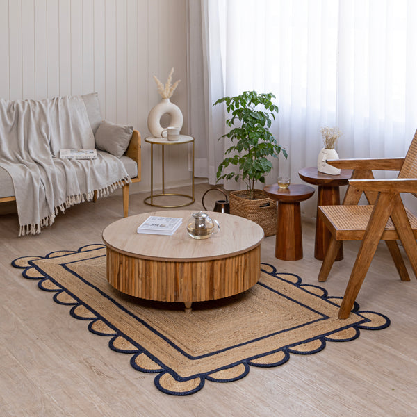 Handwoven Jute Runner Rug with White Scalloped Border – Boho Kitchen & Hallway