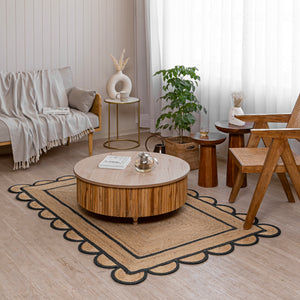 Handwoven Jute Runner Rug with White Scalloped Border – Boho Kitchen & Hallway