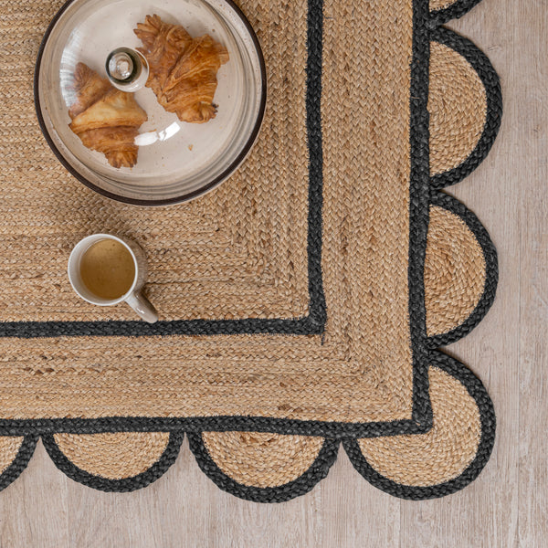 Handwoven Jute Runner Rug with White Scalloped Border – Boho Kitchen & Hallway