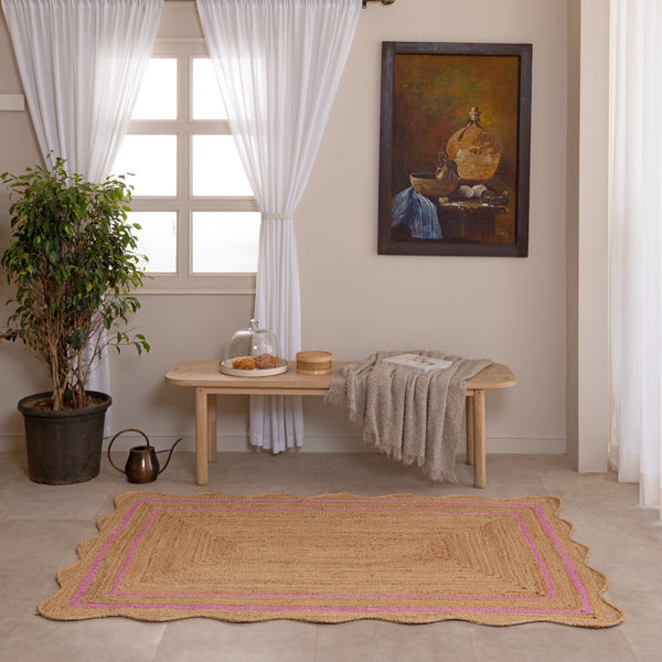 Handmade Scalloped Jute Rug with Pink  Border Natural Breaided Jute Area Rug