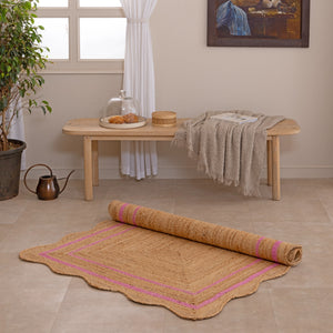 Handmade Scalloped Jute Rug with Pink  Border Natural Breaided Jute Area Rug