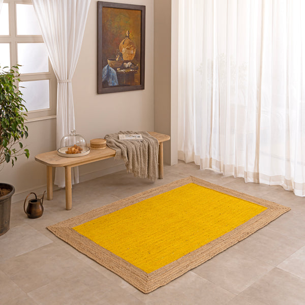 Handmade Yellow Jute Area Rug Braided Natural Fiber Rug Boho Yellow Jute Floor Mat