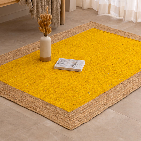 Handmade Yellow Jute Area Rug Braided Natural Fiber Rug Boho Yellow Jute Floor Mat