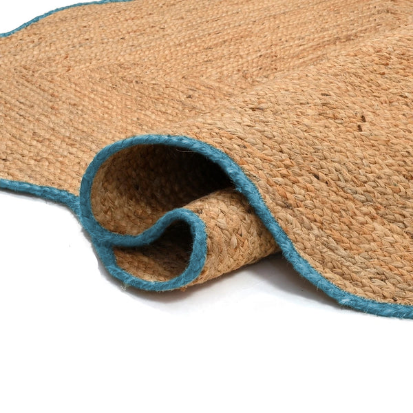 Handmade Scalloped Jute Rug with Light Blue Border Handwoven Wavy Natural Jute Area Rug