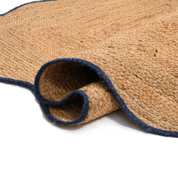 Handmade Scalloped Jute Rug with Blue Border Handwoven Wavy Natural jute Area Rug