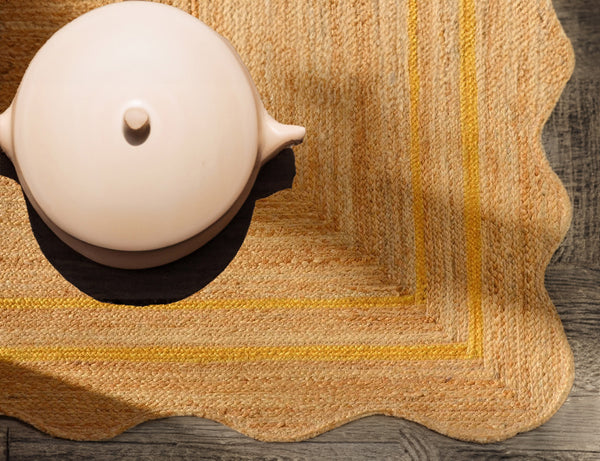 Handwoven Natural Jute Scalloped Rug with Mustard Border Handmade Braided Eco-Friendly Area Rug