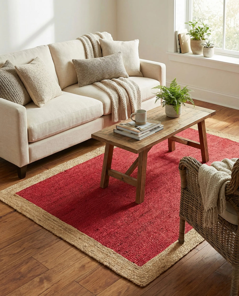A rectangular handwoven natural jute rug featuring a bold crimson red woven center framed by a thick, natural beige braided border, laid on a hardwood floor under a rustic coffee table and sofa.