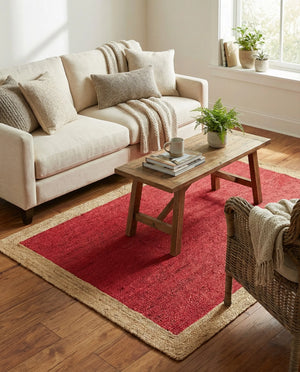A rectangular handwoven natural jute rug featuring a bold crimson red woven center framed by a thick, natural beige braided border, laid on a hardwood floor under a rustic coffee table and sofa.
