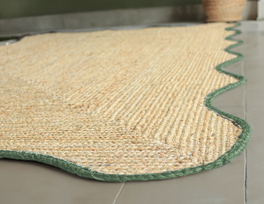 Handcrafted Scalloped Jute Area Rug with Forest Green Trim Natural Braided