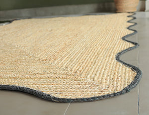 Handmade Scalloped Jute Area Rug with Jet Black Trim Natural Braided Fiber Bordered