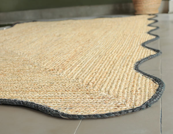 Handmade Scalloped Jute Area Rug with Jet Black Trim Natural Braided Fiber Bordered